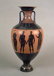 Panathenaisk præmieamfora med sort figur, forestillende to boksere, en træner og Olympias, Attic, Græsk, 340-339 f.Kr. (keramik) (se også 120115)